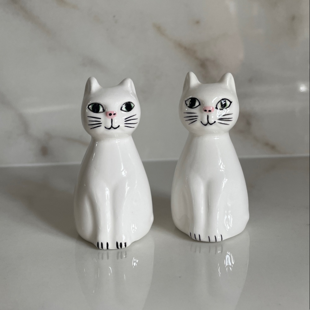Salt and Pepper White Ceramic Cat Figurines